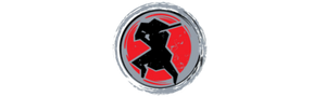 Black ninja silhouette inside a distressed red circle with a grey brushstroke ring bold, martial, and intense logo design.